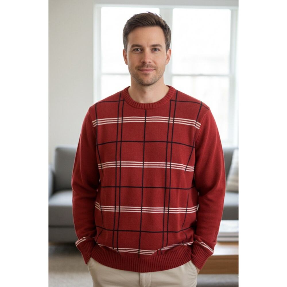 Saddlebred Men’s Sweater Crew Neck Preppy Dad Window Pane Square Red Size XL